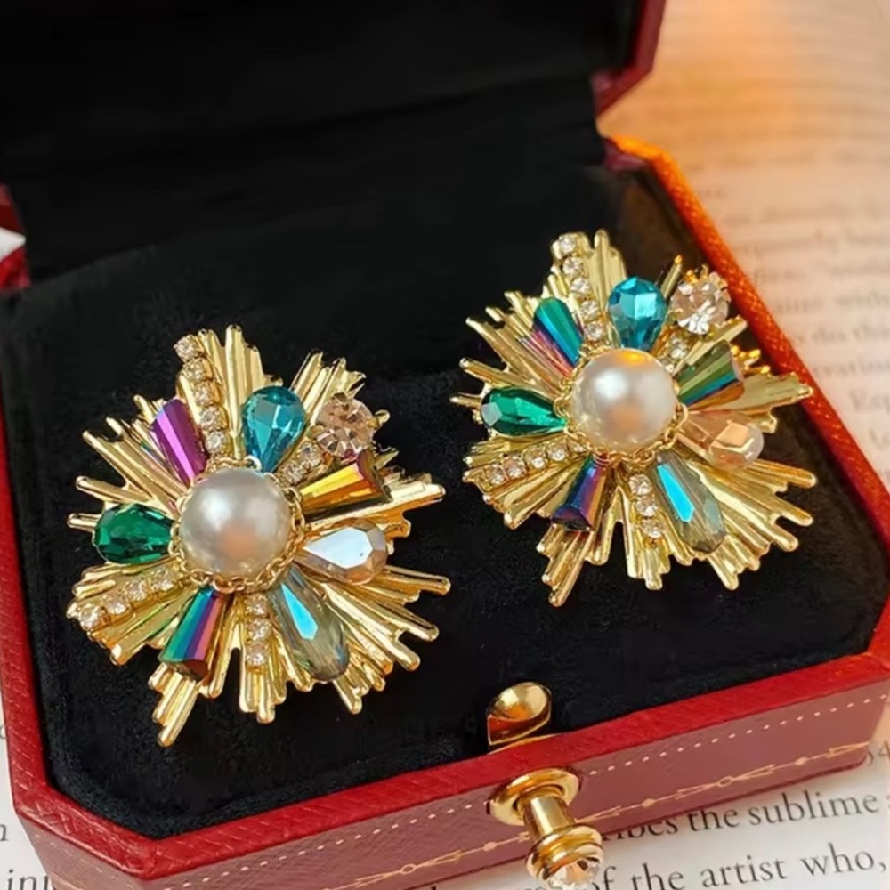 Anthropologie Gold Earrings with Multicolor Gems - Picture 4 of 5